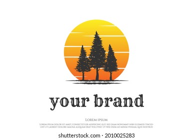 Sunset Sunrise Pine Spruce Evergreen Cedar Conifer Coniferous Larch Cypress Hemlock Tree Forest Logo Design Vector