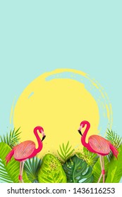 Sunset or sunrise with pink flamingos and exotic leaves. Tropical summer. Place for your text. Vector illustration for invitation, flyer, poster, banner, web, sale, announcement, pool party.