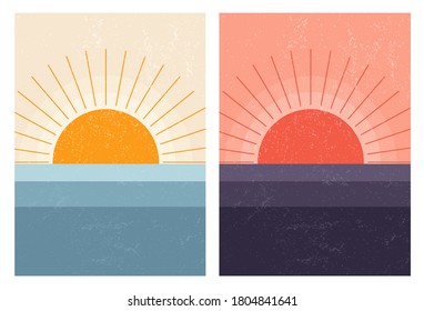 Sunset sunrise in sea. Abstract mid-century modern Scandinavian landscape. Minimal art nature background. - Shutterstock ID 1804841641