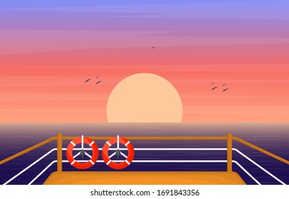 Sunset Sunrise Sea Ocean Landscape View on Cruise Ship Deck Illustration