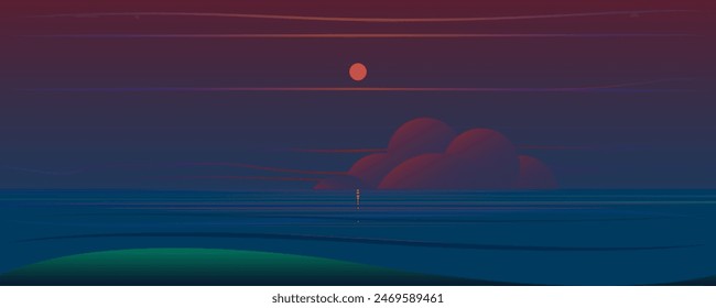 Sunset, sunrise, sea, ocean, landscape banner. Vector illustration panorama with green and blue water