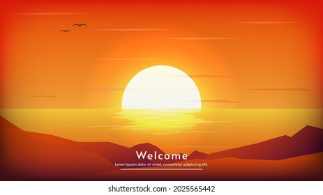 Sunset or sunrise in sea. Vector illustration with beautiful backdrop, nature landscape background. Evening or morning view. Cartoon style illustration.