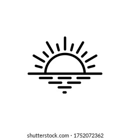 Sunset or sunrise and sea waves line icon isolated on white background, summer and ocean, sunset sign vector graphics, a linear icon on a white background, eps 10.