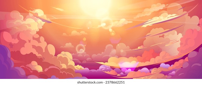 Sunset or sunrise sky with anime fluffy clouds. Cartoon vector background of pink and yellow gradient colored cloudy heaven with sun shining. Romantic air panoramic landscape with curve haze.