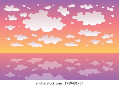 Sunset or sunrise sky with clouds and beautiful calm sea beach horizon summer background flat vector illustration