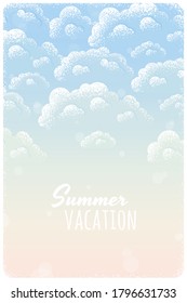 Cielo al atardecer o al amanecer y nubes esponjosas con un fondo vertical húmedo. Ilustración vectorial retro. Invitación, afiche, tarjeta, volante, banner, plantilla de folleto. Colocar el texto