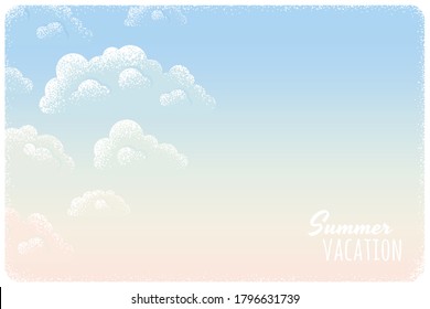 Sunset or sunrise sky and fluffy clouds horizontal background. Retro vector illustration. Design for invitation, poster, card, flyer, banner, brochure, social media, web. Place your text