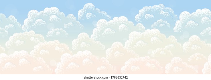 Cielo al atardecer o al amanecer y nubes esponjosas con una franja sin costura. Fondo vector retro. Elemento de diseño inagotable. Colocar el texto