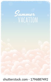 Sunset or sunrise sky and fluffy clouds with bokeh vertical template. Retro vector illustration. Design for invitation, poster, card, flyer, banner, brochure, social media, web. Place your text