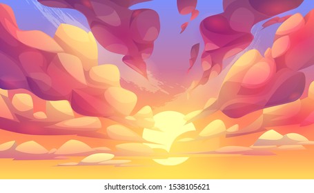 Sunset Or Sunrise Sky, Nature Landscape Background, Pink Clouds Flying In Sky To Shining Sun. Evening Or Morning View Cartoon Vector Illustration