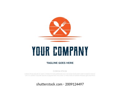 Sunset Sunrise con Spoon y Fork para el Vector de Diseño de Logotipos de Restaurantes de Comida