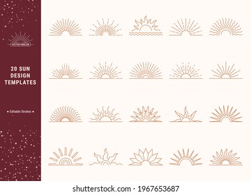 Sunset and sunrise symbols, sun logo design templates collection. Boho style vector icons. Minimalist thin line illustrations for social media, company logotype, fashion industry. Editable strokes.