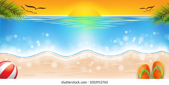 Sunset sunrise with tranquil sea waves. A beautiful white beach balls and shoes. Birds are flying back to the nest. Vector illustration.