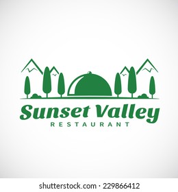Sunset or Sunrise Valley Abstract Vector Logo Template Isolated. Mountains, Trees, Bushes, Valley and Sun - Dish Cover
