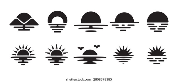 Sunset and Sunrise Vector Icon Set. Featuring Geometric Sun Over Horizon Line Art Style.