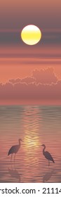 Sonnenuntergang oder Sonnenaufgang, Vektorlandschaft mit Vogelsilhouetten