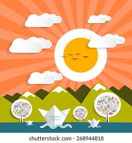 Sunset - Sunrise Vector Landscape Nature Paper Mountains and River Illustration