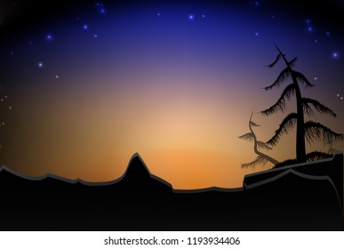 sunset or sunrise view of landscape with dead tree trunk and star.vector illustrator
