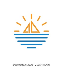 Sunset  Sunrise with Wave Sail Ship Simple Logo Design