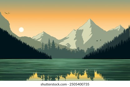 Puesta del sol Salida del sol Humedales Paisaje Ilustración vectorial Montañas Aves del cielo Árboles Selva Bosques Lago Reflejo de agua Escena de la naturaleza Pino verde Tema de fondo Fondo de pantalla
