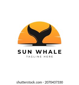 Sunset Sunrise with Whale Tail Logo Design Vector