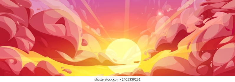 Sunset or sunrise yellow and pink gradient color sky with anime fluffy clouds. Cartoon vector background of cloudy heaven with bright sun shining. Calm air panoramic landscape with curve haze.