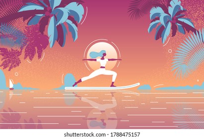 Sunset sup yoga vector concept illustration. Tropical paradise with woman flat character, palms and sea landscape in vibrant colors 