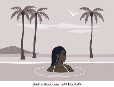 Sunset Swim Amongst Tropical Palms, A lone swimmer enjoys the weather in hot climate