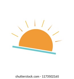 Sunset symbol. Flat simple sun with blue sea line. Sun pictogram. Simple trendy modern design. Copyspace. High quality. Isolated on white. 