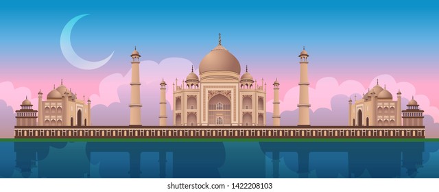 Sunset at Taj Mahal in Agra, India, river Yamuna, gradient beautiful sky with crescent, colorful panoramic vector illustration