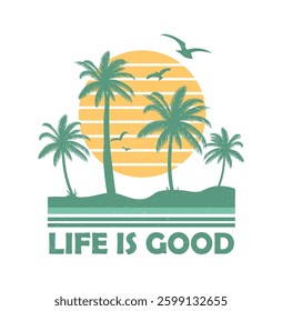 Sunset tee print design. Palm tree with big waves. Beach club in the sunset design. Tropical summer paradise. spring summer t-shirt design. vintage retro fashion
