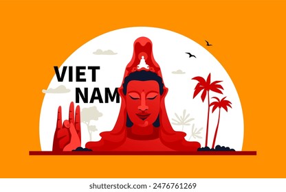 Sunset at Thanh Luong Phu Yen pagoda - modern colored vector illustration with buddha head and hand. Tourist destination for spiritual journey located in My Quang Nam village Vietnam. Nature beauty