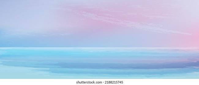 Atardecer, marea de la ola, vistas al océano por la noche, fondo costero en tonos pastel rosa y violeta. Ilustración vectorial, estilo acuarela, concepto para tarjeta, afiche, volante, impresión.