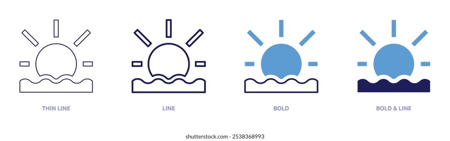 Sunset time icon in 4 different styles. Thin Line, Line, Bold, and Bold Line. Duotone style. Editable stroke.
