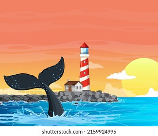 Sunset time with lighthouse on coast  illustration