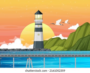 Sunset time with lighthouse on coast  illustration