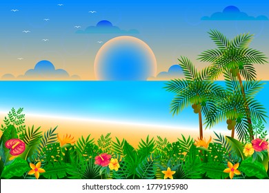 Sunset time on the tropical beach vector illustration
