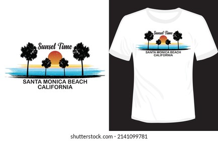 Sunset Time Santa Monica Beach California T-shirt Design Vector Ilustración