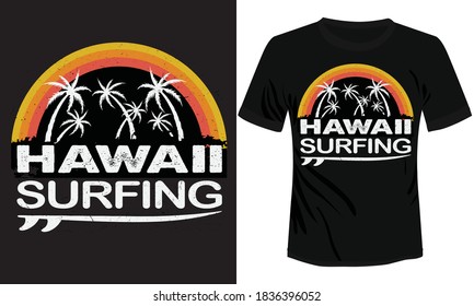 Sunset time surf aventura vectorial diseño camiseta Hawaii playa. diseño vectorial de camisetas con palmera