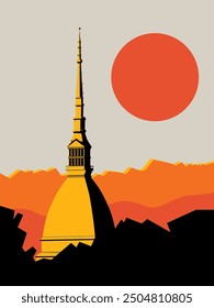 Sunset in Torino, Italy with tower. Vector illustration, symbol of Torino city. 