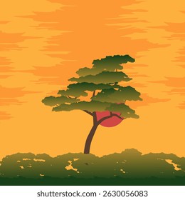 Sunset. Tranquil sunset landscape. Tree at sunset. Relaxation. EPS 10.