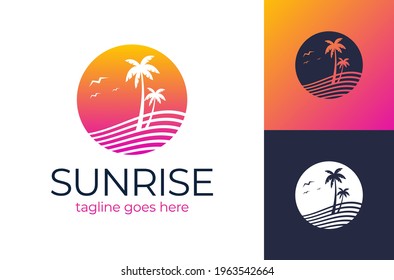 sunset travel logo. Summer icons on holiday, summer, beach and sea, vector graphic art shape, retro vintage design logo, illustration isolated on white background.