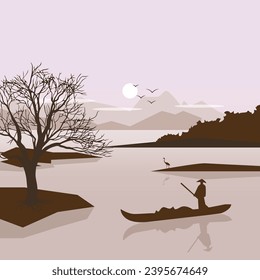 Sunset Tree Mountain with Sea and Boat  Vector Illustration Background
