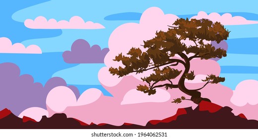 Sunset tree silhouette on a cliff, clouds after rain. Landscape evening panorama horizon, color, distance. Vector illustration cartoon style background