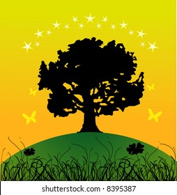 sunset tree vector composition