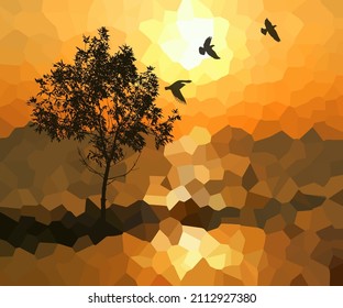 Sunset trees and birds. Abstract vector illustration