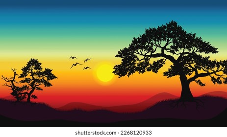 sunset trees and birds silhouette vector illustration landscape bg