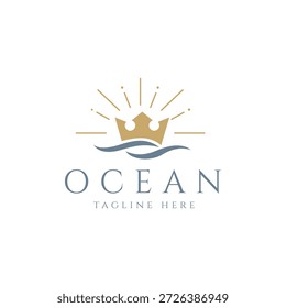 Puesta del sol con la corona del rey del tridente y el pájaro de la onda del mar del océano para el diseño del logotipo del barco