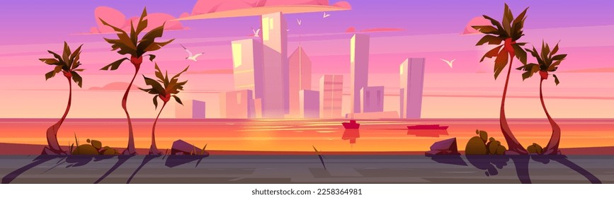 Sunset tropical background with palm trees and empty asphalt road. Sea coast landscape and pink water surface with city buildings on skyline, sky with clouds, flting birds cartoon vector illustration