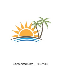 Sunset Tropical Beach Logo. Vector graphic design